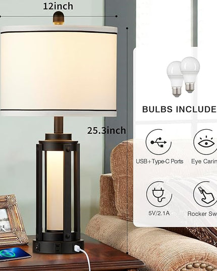 25" Modern Table Lamps Set of 2, Industrial Beside Lamps with USB A+C Charging Ports & AC Outlet, Nightstand Lamp with Glass Night Light for Living Room Bedroom End Table Decor White(4 Bulbs Included) - LeafyLoom