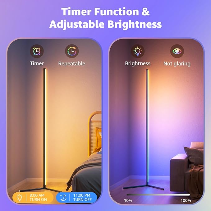 bedee LED Corner Floor Lamp: 65" RGB 16 Million Color Changing Floor Lamp with Music Sync, Modern Standing Mood Light with App & Remote Control, DIY Mode & Timing for Living Room Gaming Room Bedroom - LeafyLoom