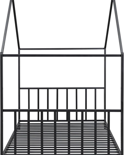 Twin Size Kids Montessori Floor Bed,House Bed Frame with High Headboard,Twin Floor Bed with Roof for Boys Girls,Floor Bed Metal Frame (Black) - LeafyLoom
