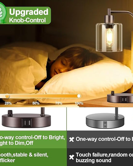 Brown Industrial Table Lamp with 2 USB Charging Ports, Fully Stepless Dimmable Modern Nightstand Lamp, Glass Shade Bedside Desk Lamp for Bedroom Living Room Office, 6W 2700K LED Edison Bulb Included - LeafyLoom