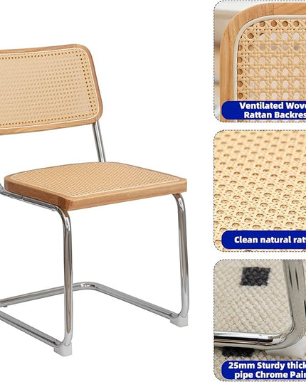 Dining Chairs Set of 2, Velvet Rattan Side Accent Chairs with Chrome Legs, Modern Mid Century Breuer Designed Chairs, Upholstered Dining Living Room Kitchen Chairs (Burlywood-2pcs) - LeafyLoom