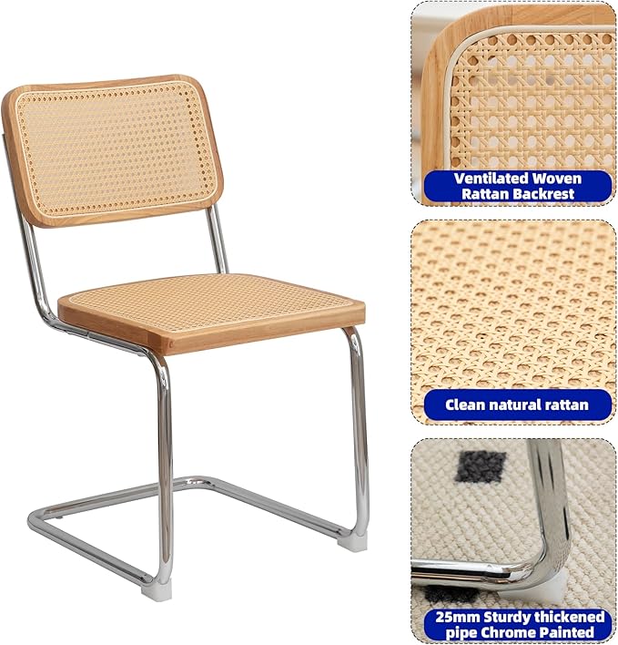 Dining Chairs Set of 2, Velvet Rattan Side Accent Chairs with Chrome Legs, Modern Mid Century Breuer Designed Chairs, Upholstered Dining Living Room Kitchen Chairs (Burlywood-2pcs) - LeafyLoom