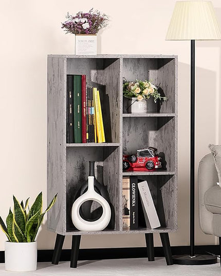 5 Cube Small Bookshelf,3 Tier Mid-Century Modern Bookcase with Legs,Wood Bookshelves Storage Organizer Shelf,Free Standing Narrow Book Shelves,Rustic Grey Corner Bookcases for Bedroom,Living Room - LeafyLoom