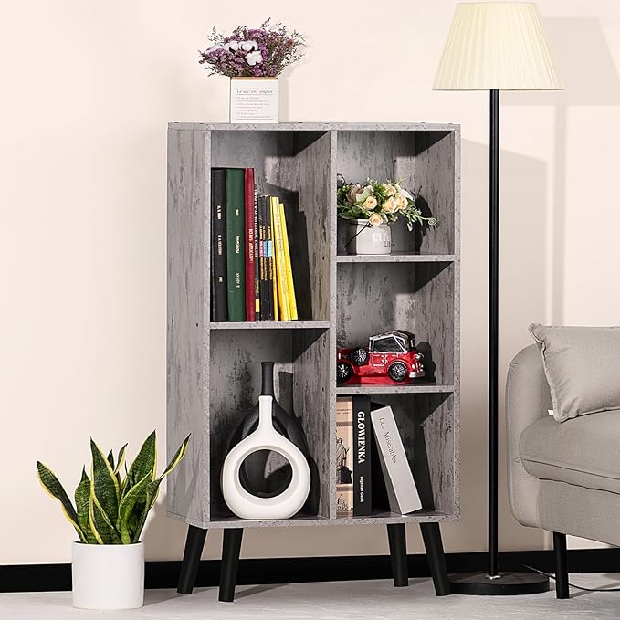 5 Cube Small Bookshelf,3 Tier Mid-Century Modern Bookcase with Legs,Wood Bookshelves Storage Organizer Shelf,Free Standing Narrow Book Shelves,Rustic Grey Corner Bookcases for Bedroom,Living Room - LeafyLoom