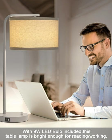 Table Lamp with USB Ports, Fully Dimmable Nightstand Lamp for Living Room, Modern Grey Bedside Lamp, Tall Table Lamp with Beige Shade Minimalist Desk Lamp for Bedroom Office, LED Bulb Included - LeafyLoom