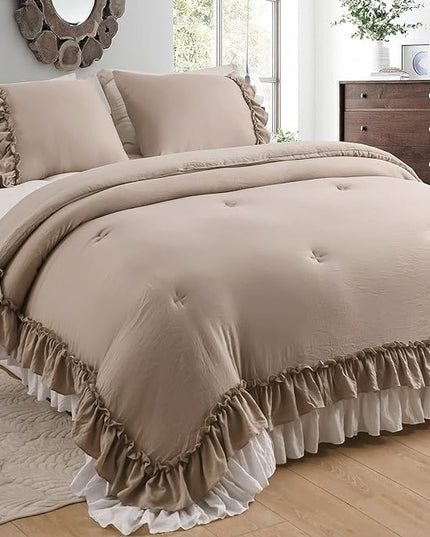 Taupe Ruffled Comforter King Size,Farmhouse Rustic Bedding Shabby Boho Chic Taupe Bedding Vintage Aesthetic Lightweight Fluffy Comforter Set 3 Pieces - LeafyLoom