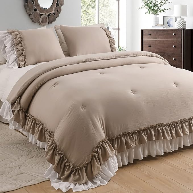 Ruffled Taupe Comforter Set Queen,Farmhouse Shabby Bedding Comforter Sets Vintage French Country Taupe Bedding 3PCS（1 Shabby Comforter and 2 Ruffle Pillowcases） - LeafyLoom