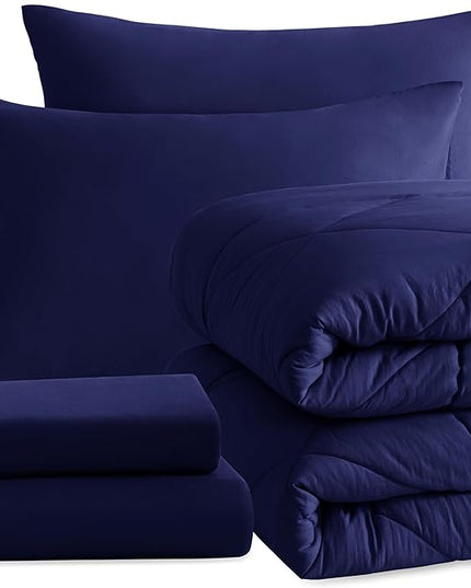 NTBAY Twin Comforter Set with Sheets, 5 Pieces Soft and Breathable Twin Bedding Set, Twin Bed in a Bag, Down Alternative Comforter Set Solid Color All Season, Kids Bedding Set, Navy Blue - LeafyLoom