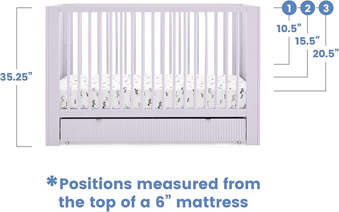 Delta Children Cassie 4-in-1 Convertible Crib with Underdrawer, Lilac + Simmons Kids Silver Nights Dual Sided 2-Stage Baby Crib Mattress (Bundle) - LeafyLoom