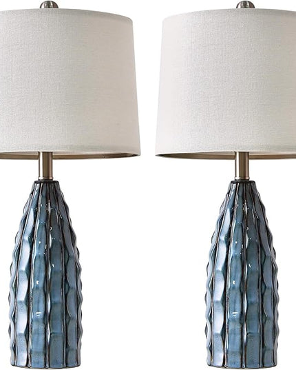 23.75" Modern Blue Ceramic Lamps Set of 2 for Living Room Study Room Office Dorm Farmhouse Nightstand, End Table Lamps - LeafyLoom