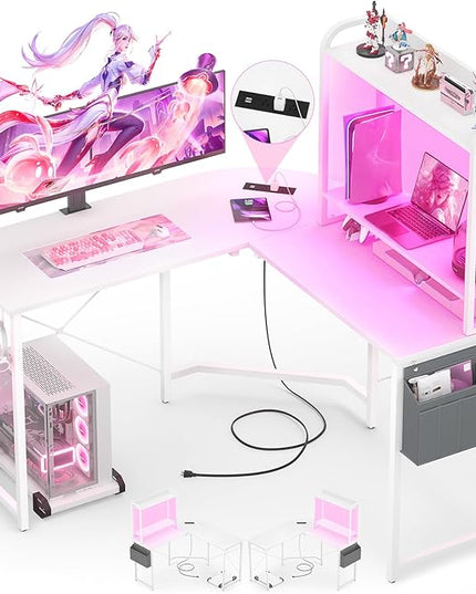 Small L Shaped Gaming Desk with Power Outlets, Corner Gaming Desk with LED Light, Reversible L-Shaped Desk with Monitor Stand & Hutch, L Shaped Desk Home Office Desk with Storage Bag, White - LeafyLoom