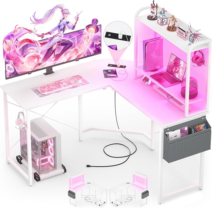 Small L Shaped Gaming Desk with Power Outlets, Corner Gaming Desk with LED Light, Reversible L-Shaped Desk with Monitor Stand & Hutch, L Shaped Desk Home Office Desk with Storage Bag, White - LeafyLoom