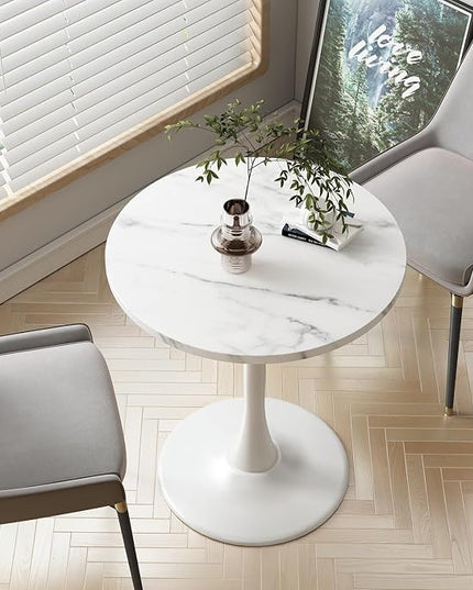 White Marble Round Table Modern Dining Table Marble Texture Tulip Round Kitchen Table Mid Century Coffee Table for Living Room 24 inch - LeafyLoom
