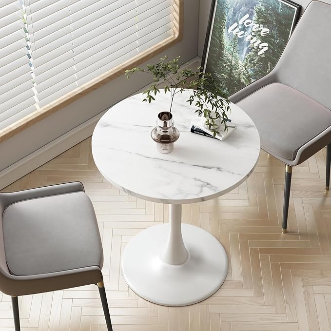 White Marble Round Table Modern Dining Table Marble Texture Tulip Round Kitchen Table Mid Century Coffee Table for Living Room 24 inch - LeafyLoom