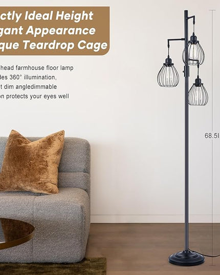 68.5” Dimmable Floor Lamp, Industrial Farmhouse Floor Lamps with Elegant Teardrop Cages, Rustic Floor Lamps Black Tall Vintage Pole Lamps for Living Room Bedroom Office, 3 LED Bulbs Included - LeafyLoom