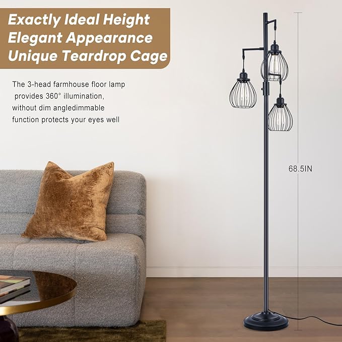 68.5” Dimmable Floor Lamp, Industrial Farmhouse Floor Lamps with Elegant Teardrop Cages, Rustic Floor Lamps Black Tall Vintage Pole Lamps for Living Room Bedroom Office, 3 LED Bulbs Included - LeafyLoom