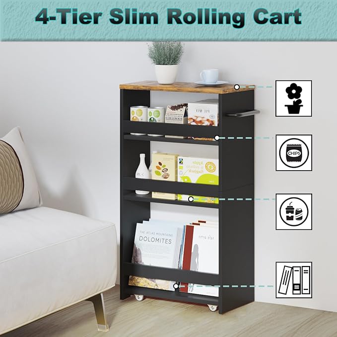 MARTY Rolling Storage Cart 7.9" W, 4-Tier Black Kitchen Cart on Wheels, Slim Storage Cart with Handle for Laundry Narrow Places Bathroom Small Corner - LeafyLoom