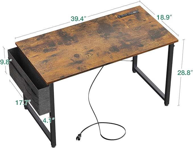 AODK 40 inch Small Computer Desk with Power Outlet for Small Spaces Home Office Student Laptop PC Writing Desks with Storage Bag Headphone Hook, Vintage - LeafyLoom