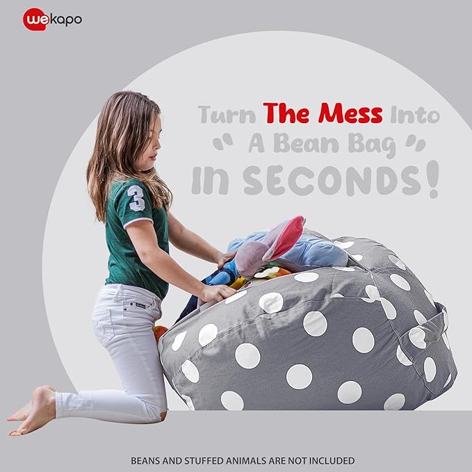 Wekapo Stuffed Animal Storage Bean Bag Chair Cover for Kids | Stuffable Zipper Beanbag for Organizing Children Plush Toys Large Premium Cotton Canvas (Gray Dot, X-Large) - LeafyLoom