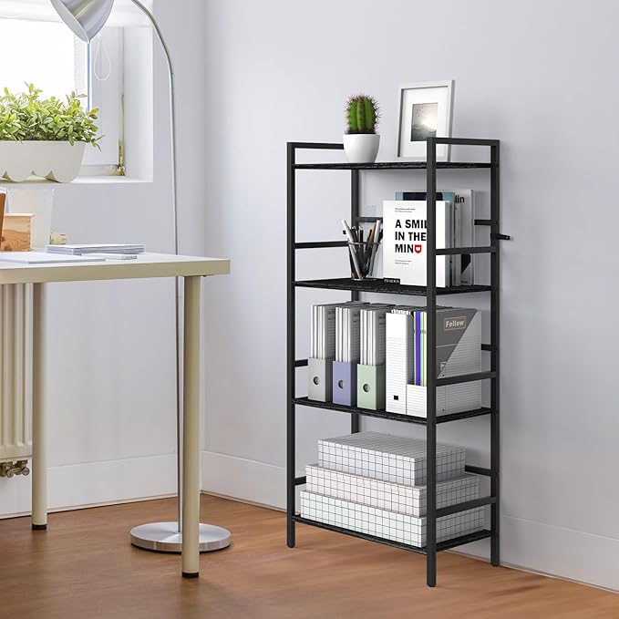 CADUKE Bookshelf with Storage Black Bookcase Shelf Industrial Wooden Bookshelves 4 Tier Office Book Shelf Organizers and Storage Etagere Shelves for Living Room Bedroom - LeafyLoom