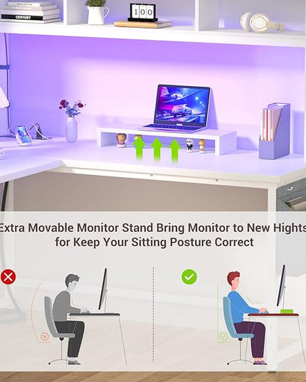 Aheaplus L Shaped Desk with Power Outlet & LED Strip, Reversible L-Shaped Corner Computer Desks Gaming Desk with Storage Shelf & Monitor Stand, Modern 2 Person Home Office Desk, Writing Desk, White - LeafyLoom