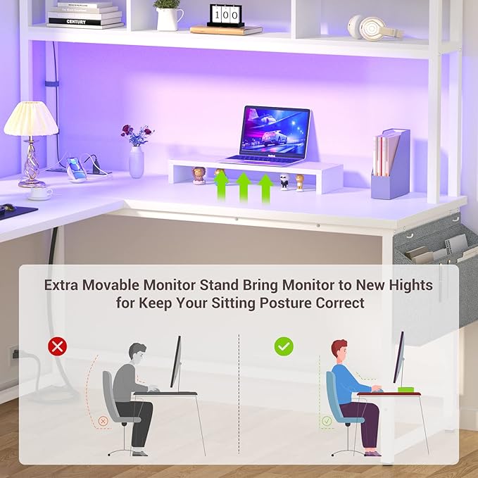 Aheaplus L Shaped Desk with Power Outlet & LED Strip, Reversible L-Shaped Corner Computer Desks Gaming Desk with Storage Shelf & Monitor Stand, Modern 2 Person Home Office Desk, Writing Desk, White - LeafyLoom