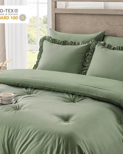 Bedding Set, 7 Pieces King Comforter Set in Green Ruffle, Shabby Chic Bed in a Bag with Premium Brushed Microfiber, All-Season, All-Inclusive - LeafyLoom