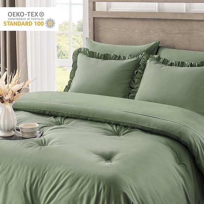 Bedding Set, 7 Pieces King Comforter Set in Green Ruffle, Shabby Chic Bed in a Bag with Premium Brushed Microfiber, All-Season, All-Inclusive - LeafyLoom