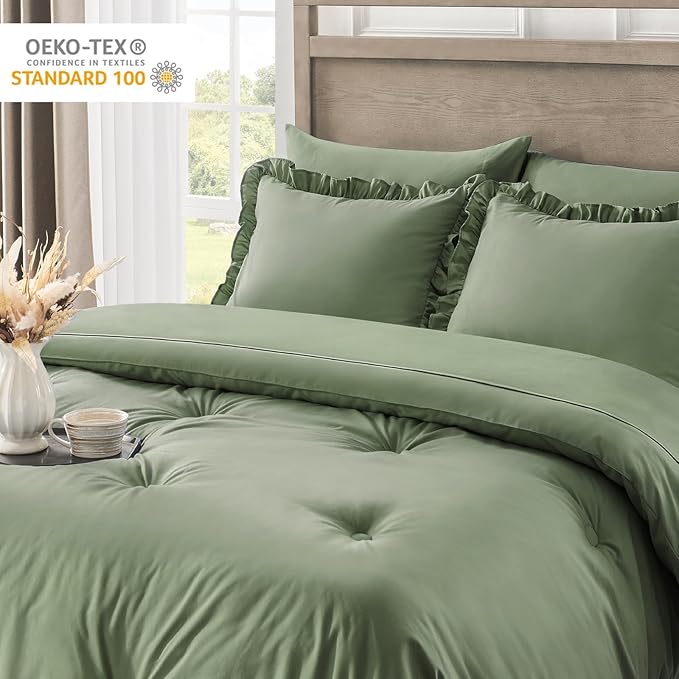 California King Bed in a Bag 7 Pieces Cal King Comforter Set, Ruffle Shabby Chic Bedding Comforter Set Green Bed Set with Comforter, Pillowcases, Flat Sheet, Fitted Sheet and Pillow Shams - LeafyLoom