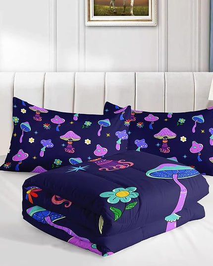 Colorful Mushroom Comforter Set Full Size Kids Trippy Mushroom Bedding Set Hippy Star Eye Theme Quilt Bed Set for Boys Girls Adults with 1 Comforter and 2 Pillowcases - LeafyLoom