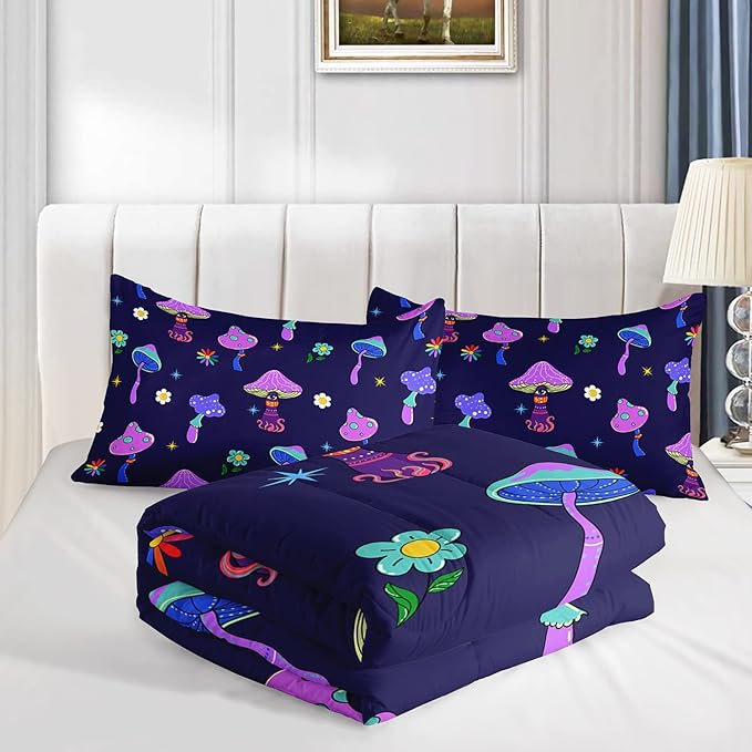 Colorful Mushroom Comforter Set Twin Size Kids Trippy Mushroom Bedding Set Hippy Star Eye Theme Quilt Bed Set for Boys Girls Adults with 1 Comforter and 2 Pillowcases - LeafyLoom
