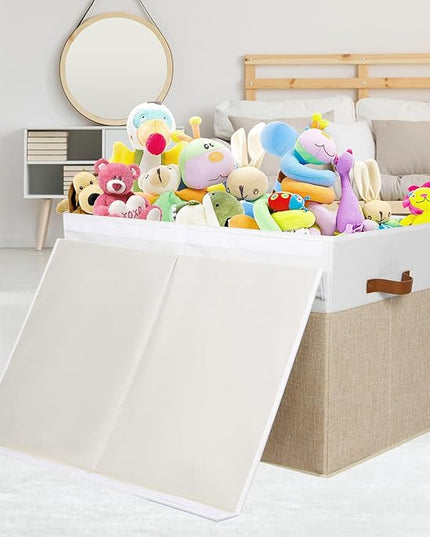 Large Toy Storage Box with Lid, Sturdy Toys Storage Chest Bin Organizer Basket with Dividers for Kids, Boys, Girls, Nursery, Closet, Bedroom, Playroom 26"x17" x17" (Beige and White) - LeafyLoom