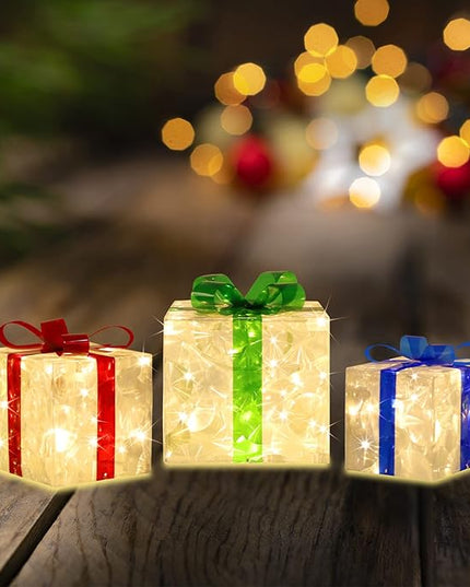 [Large 8.5"x7"x6" Christmas Set of 3 Lighted Gift Boxes Decorations Pre-lit 70 Super-Bright LED with Flashers,for Indoor Outdoor Christmas Tree Skirt Ornament Pathway Holiday Party Home GLOWNOVA