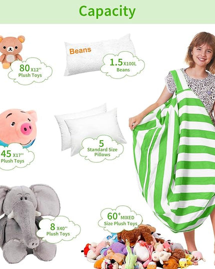 Aubliss Stuffed Animal Bean Bag Storage Chair, Beanbag Covers Only for Organizing Plush Toys, Turns into Bean Bag Seat for Kids When Filled, Medium 32"-Canvas Stripes Green/White - LeafyLoom
