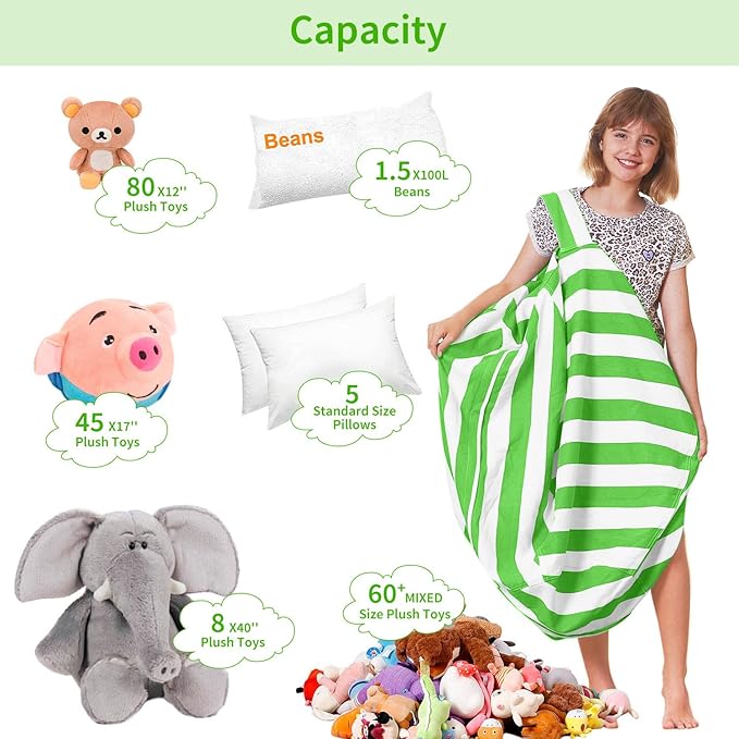 Aubliss Stuffed Animal Bean Bag Storage Chair, Beanbag Covers Only for Organizing Plush Toys, Turns into Bean Bag Seat for Kids When Filled, Medium 32"-Canvas Stripes Green/White - LeafyLoom
