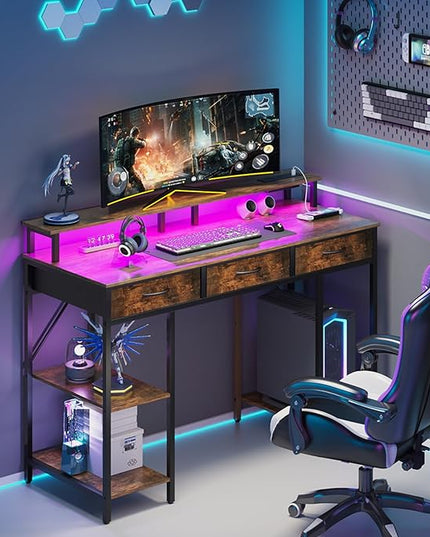 Yoobure Computer Desk with Drawers, Office Desk with LED Lights & Outlets, Small Desk with Storage Shelves, Gaming Desk 48" Home Office Desks with Monitor Stand, Writing Desk for Bedroom Small Spaces - LeafyLoom