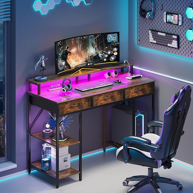 Yoobure Computer Desk with Drawers, Office Desk with LED Lights & Outlets, Small Desk with Storage Shelves, Gaming Desk 48" Home Office Desks with Monitor Stand, Writing Desk for Bedroom Small Spaces - LeafyLoom