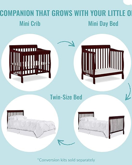Aden 4-in-1 Convertible Mini Crib In Cherry, Greenguard Gold Certified, Non-Toxic Finish, New Zealand Pinewood, With 3 Mattress Height Settings - LeafyLoom