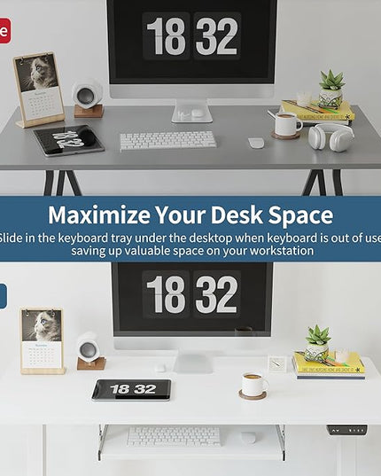 BANTI 48" x 24" Height Adjustable Electric Standing Desk with Keyboard Tray, Sit Stand up Desk with Splice Board, White Frame/White Top - LeafyLoom