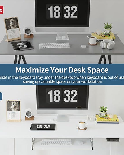 BANTI 55" x 24" Height Adjustable Electric Standing Desk with Keyboard Tray, Sit Stand up Desk with Splice Board, White Frame/White Top - LeafyLoom