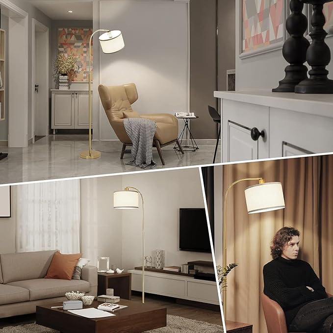 Boncoo LED Floor Lamp Fully Dimmable Modern Standing Lamp Arc Floor Lamp with Adjustable Drum Shade, Gold Tall Pole Reading Lamp Corner Light for Living Room Bedroom Study Room, Bulb Included - LeafyLoom