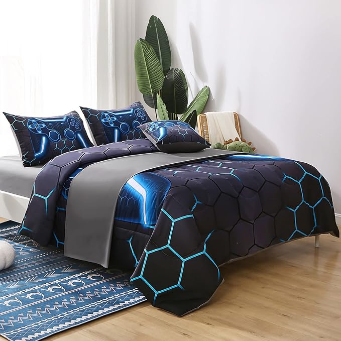 JQinHome Full Gamer Comforter Set,6 Piece Bed in A Bag 3D Video Game Bedding -All Season Down Alternative Gamer Bedding Sets - (Blue Game Controller) - LeafyLoom