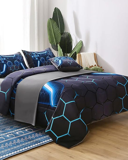 JQinHome Queen Gamer Comforter Set,6 Piece Bed in A Bag 3D Video Game Bedding -All Season Down Alternative Gamer Bedding Sets - (Blue Game Controller) - LeafyLoom