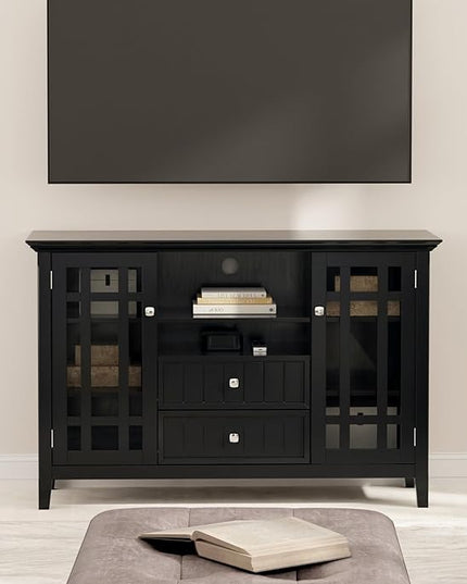SIMPLIHOME Bedford SOLID WOOD Wide Transitional Media Stand for TVs up to 60 inches for The Living Room and Entertainment Center, 53 inch, Black - LeafyLoom