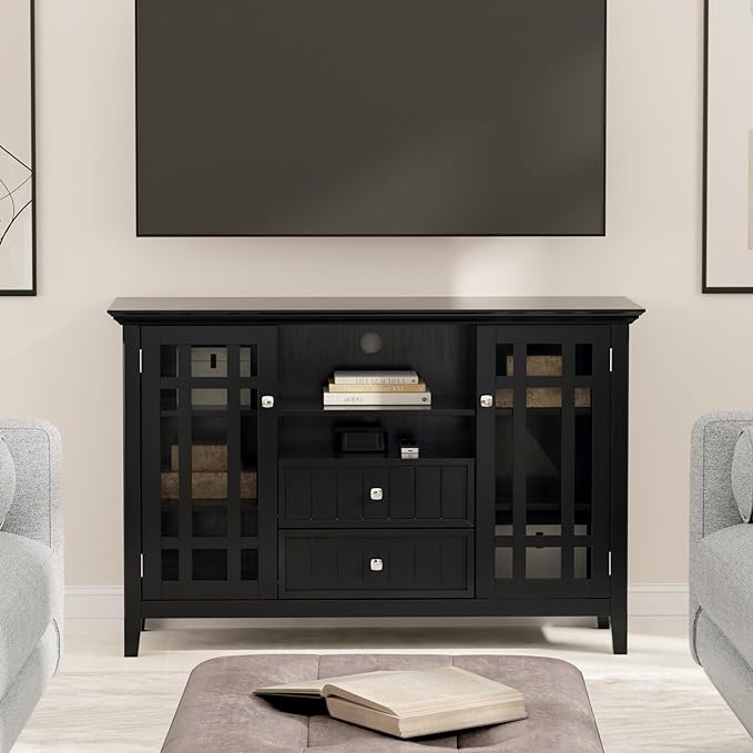 SIMPLIHOME Bedford SOLID WOOD Wide Transitional Media Stand for TVs up to 60 inches for The Living Room and Entertainment Center, 53 inch, Black - LeafyLoom