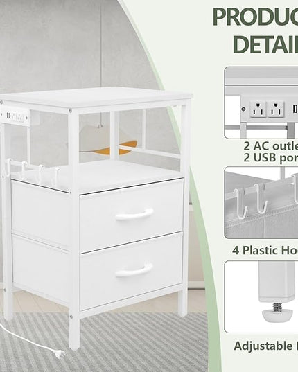 Nightstand with Charging Station, Side Table with Fabric Drawers and Open Shelf, Night Stand for Bedroom Decor, Bedside Table with USB Ports & Outlets (White,1) - LeafyLoom