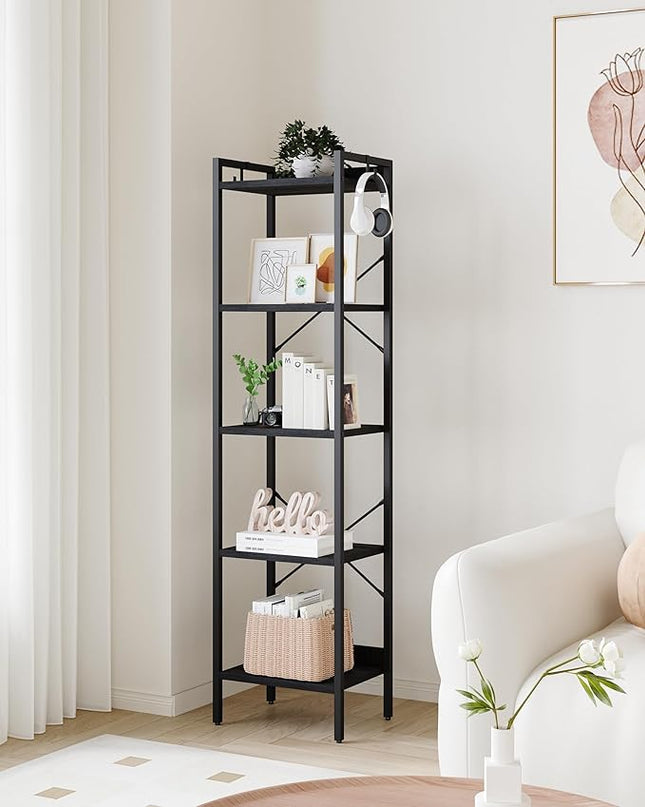 Bookshelf, Book Shelf, Industrial Bookcase with 2 Hooks, Coner Shelf Storage Organizer for Home Office, Living Room, Bedroom, Kitchen, 5-Tier Black BC10504B - LeafyLoom
