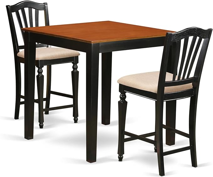 East West Furniture PBCH3-BLK-C Pub 3 Piece Kitchen Counter Height Set Contains a Square Dining Room Table and 2 Linen Fabric Upholstered Chairs, 36x36 Inch, Black & Cherry - LeafyLoom