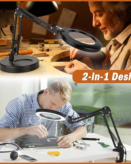 Veemagni 10X Magnifying Glass with Light, 5 Color Modes Stepless Dimmable 2-in-1 Desk Lamp and Clamp, LED Lighted Magnifier with Light and Stand, Hands Free for Craft Repair Hobby Painting Close Work - LeafyLoom