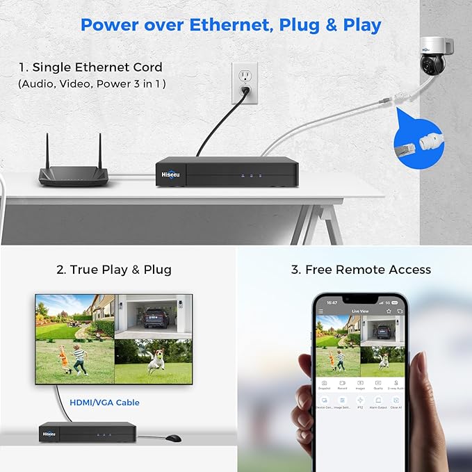 [4K HD + 330°Pan 90°Tilt] Hiseeu 4K PoE Security Camera System, CCTV Camera Security System w/4Pcs PoE PTZ Dome Cameras, Human/Vehicle Detect,2-Way Audio,Home Surveillance NVR Kit, 3TB HDD,7/24 Record Hiseeu